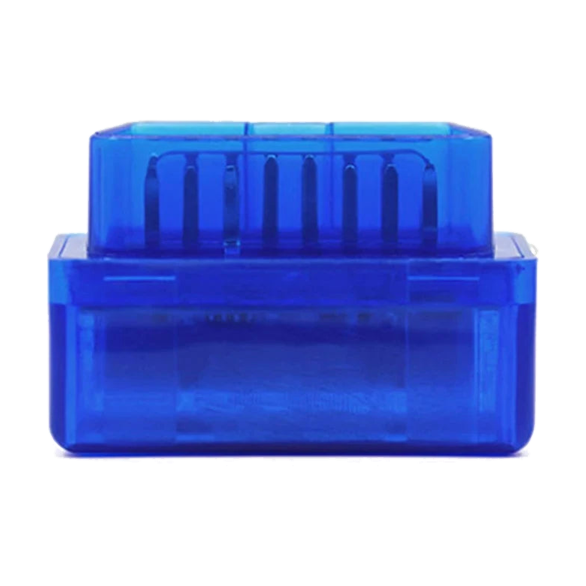 Blue ELM327 Bluetooth OBD2 code reader, rear view of the housing, universal fit for BMW
