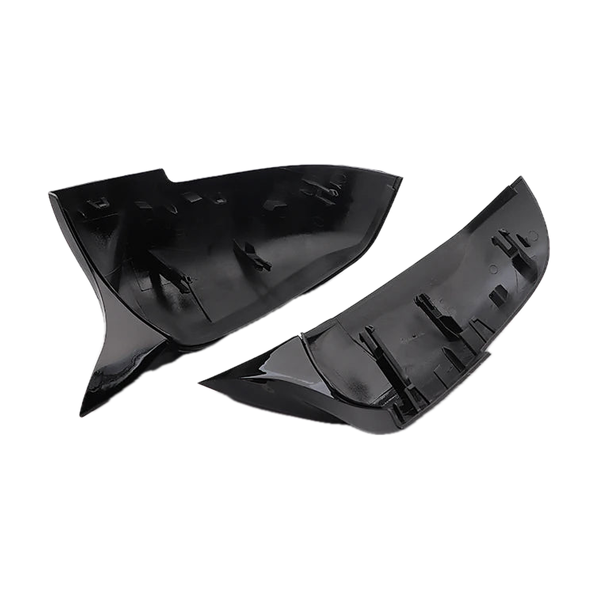 Inner side of gloss black mirror cover overlays with mounting clips, for BMW F20 / F30 / F32 / E84