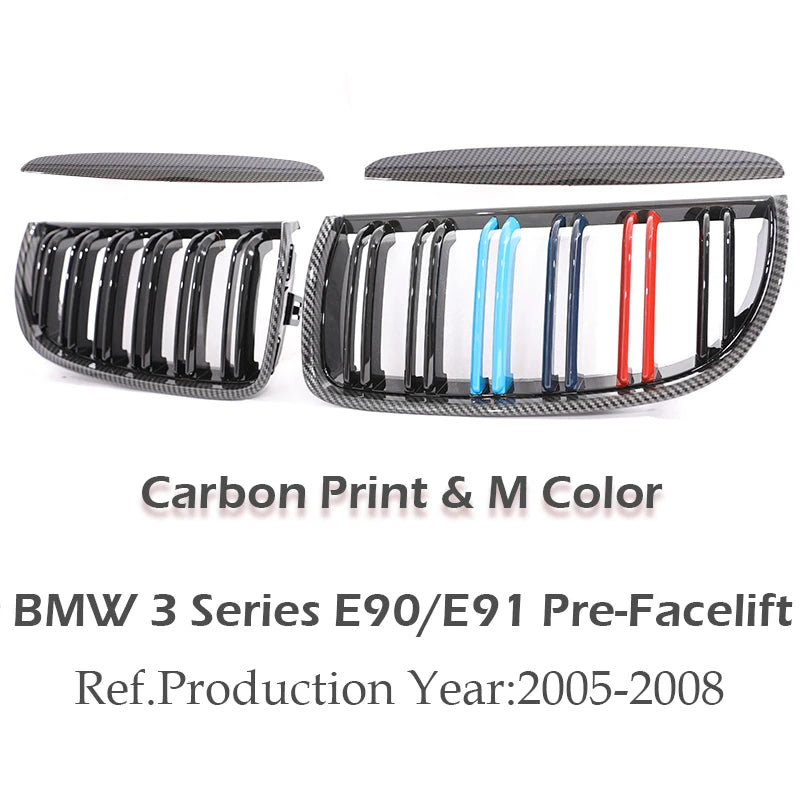 Kidney Front Grill Carbon Fiber M Color Chrome Gloss Matte Black Grille For BMW 3 Series E90 E91 Pre-Facelift 2005-2008 320i 330