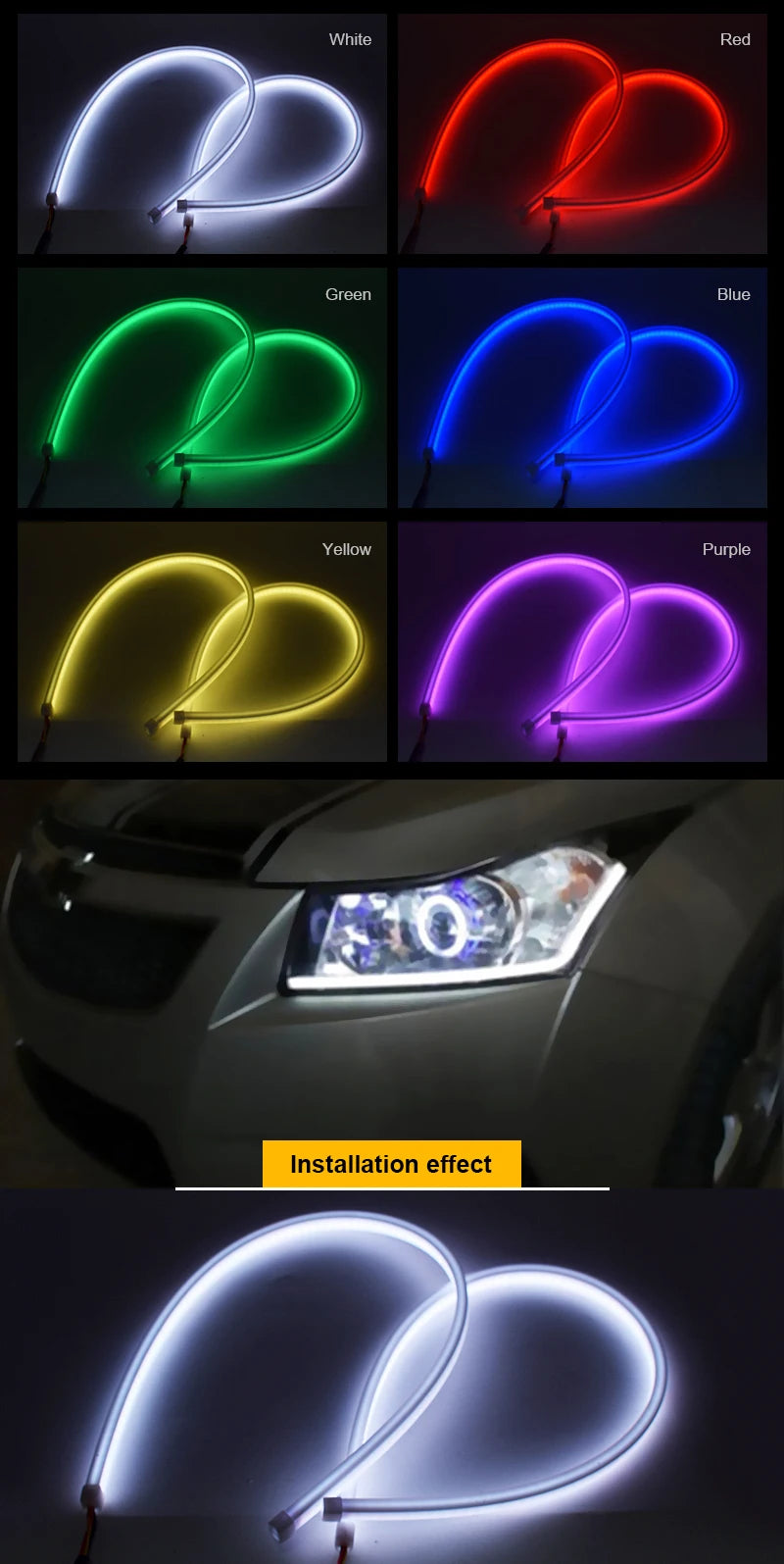 2PCS RGB Car LED Daytime Running Lights APP/Remote Control Flexible Auto Headlight Strips DRL Flowing Turn Signal Lamps 60cm 12V