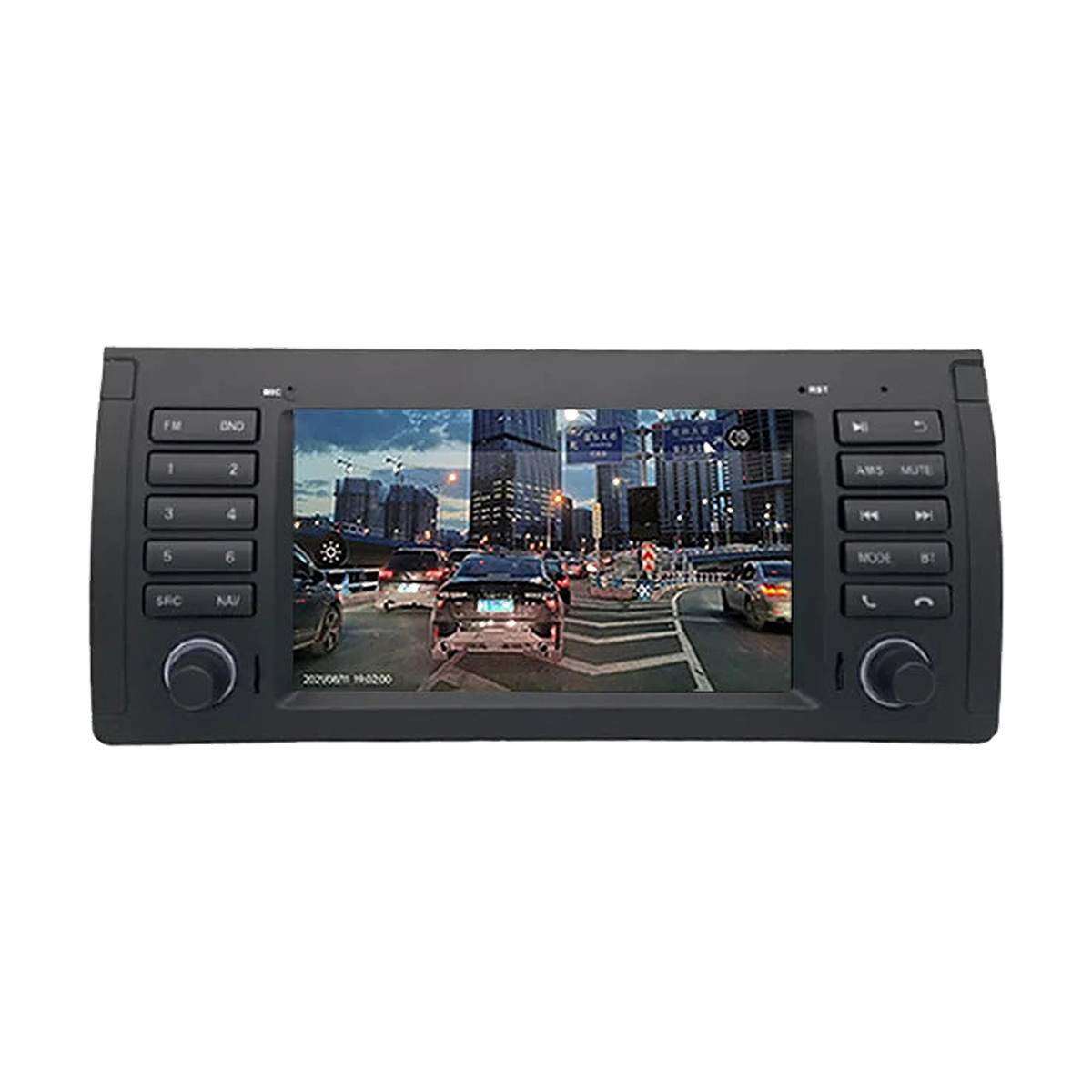 7 inch Android head unit showing dash cam footage on screen, black faceplate for BMW X5 E53, front view