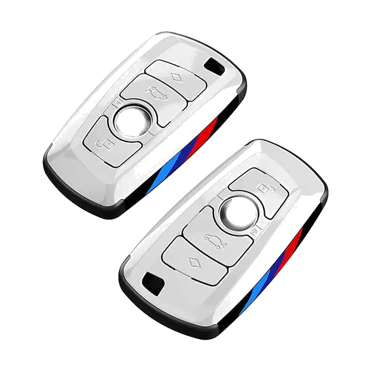 Silver key fob cover with M stripe, two front views, for BMW F Series F10, F15, F20, F22, F25, F30, F32, F48