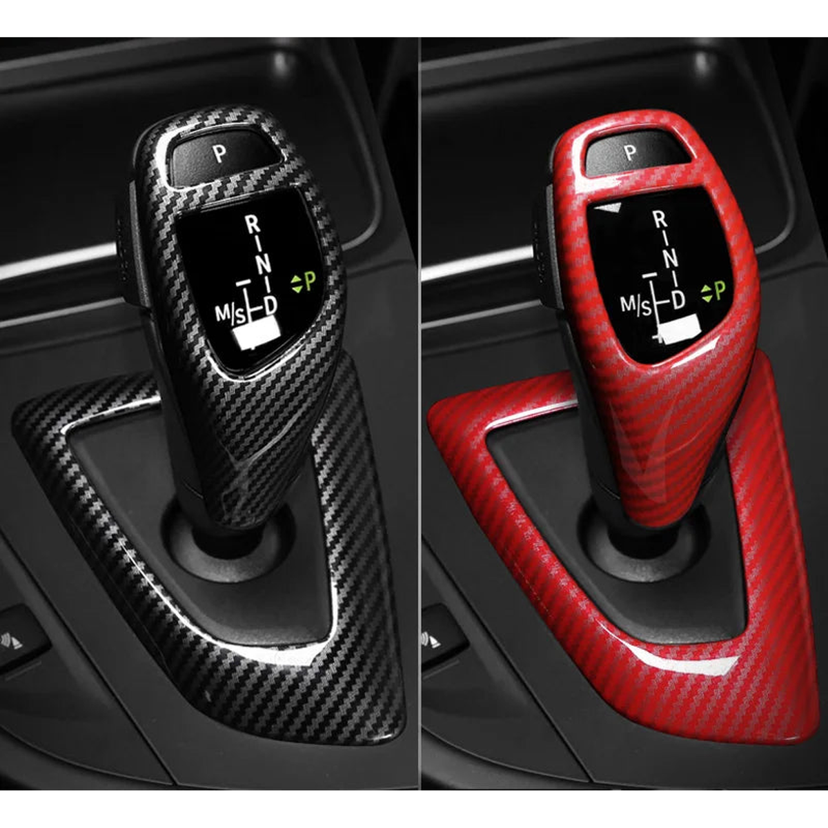 Carbon fibre gear selector trim installed in a BMW, black and red shown, for BMW F20, F30, F10, F25, F15 (2009-2021)