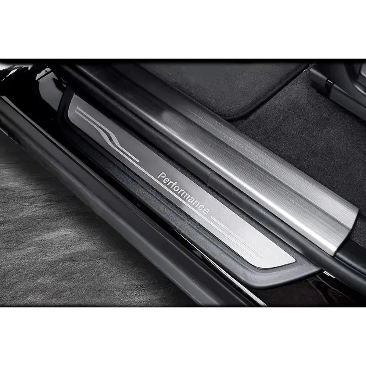 Door sill scuff plate close-up detail, Performance logo, for BMW 1-5 Series and X1-X6 models