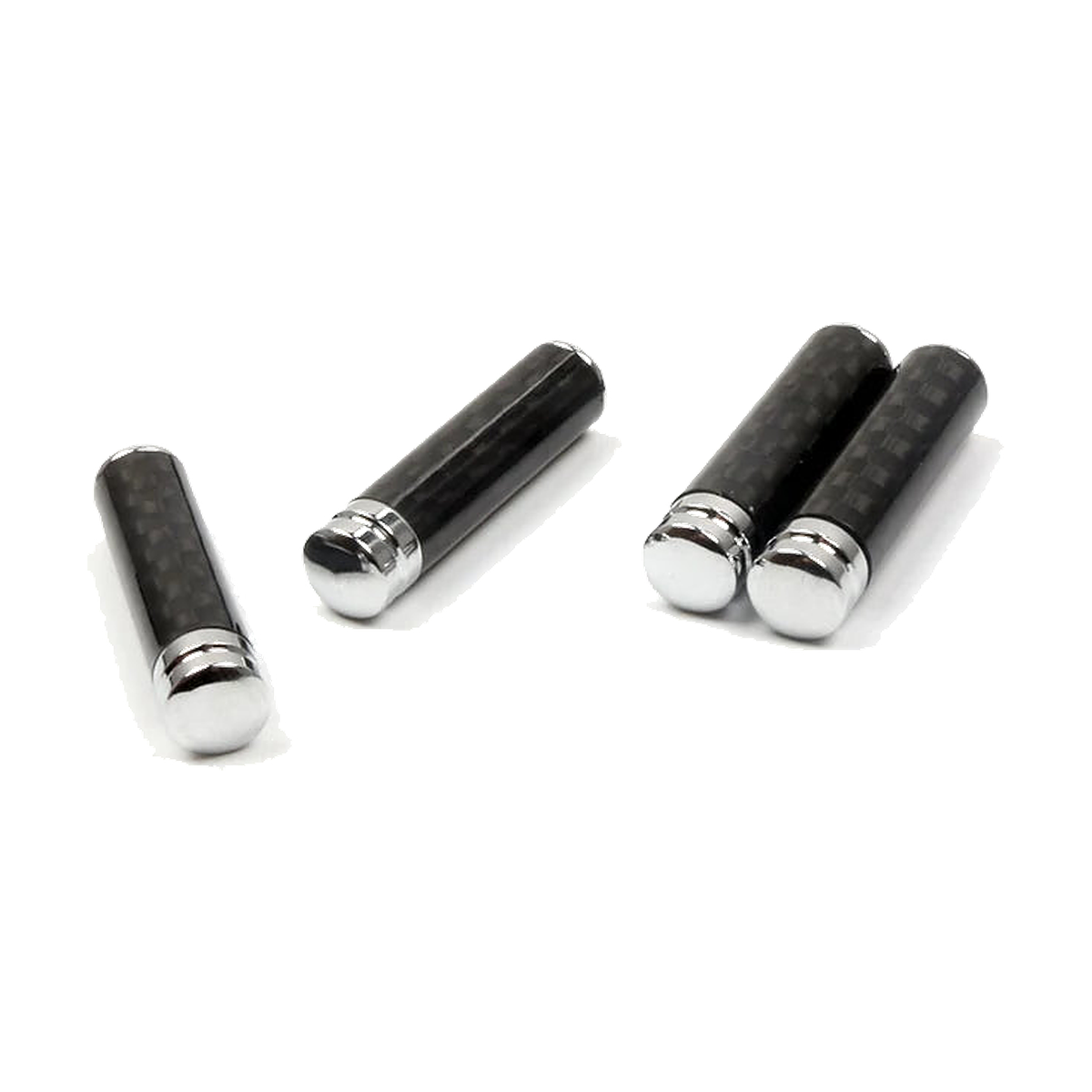 Carbon-look door lock pin caps, paired detail view of the chrome tops, for BMW E30, E36, E46, E90, E39, E60, E53, E70