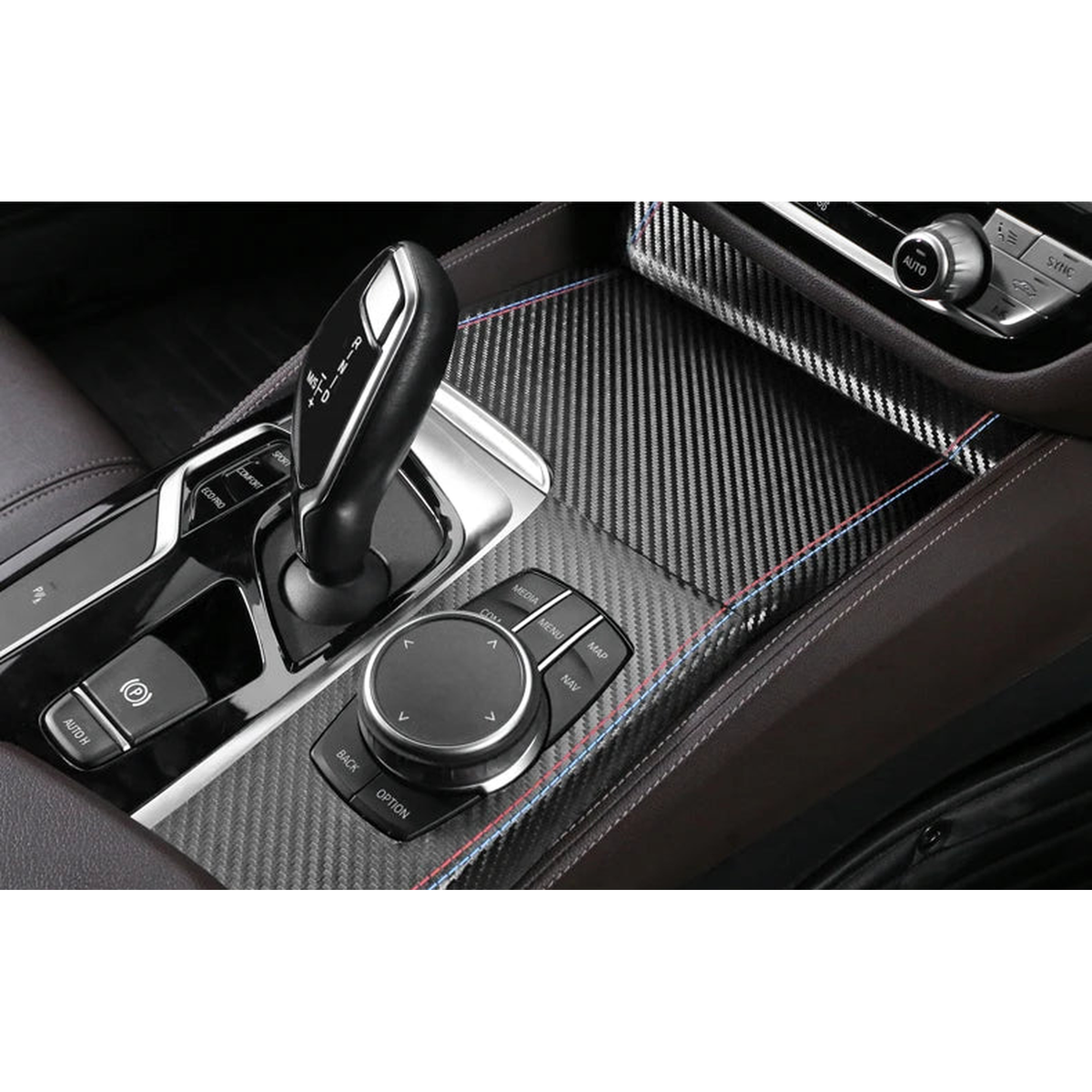 Carbon fiber look gear selector panel cover installed in a BMW 5 Series G30, G38 and 6 GT G32