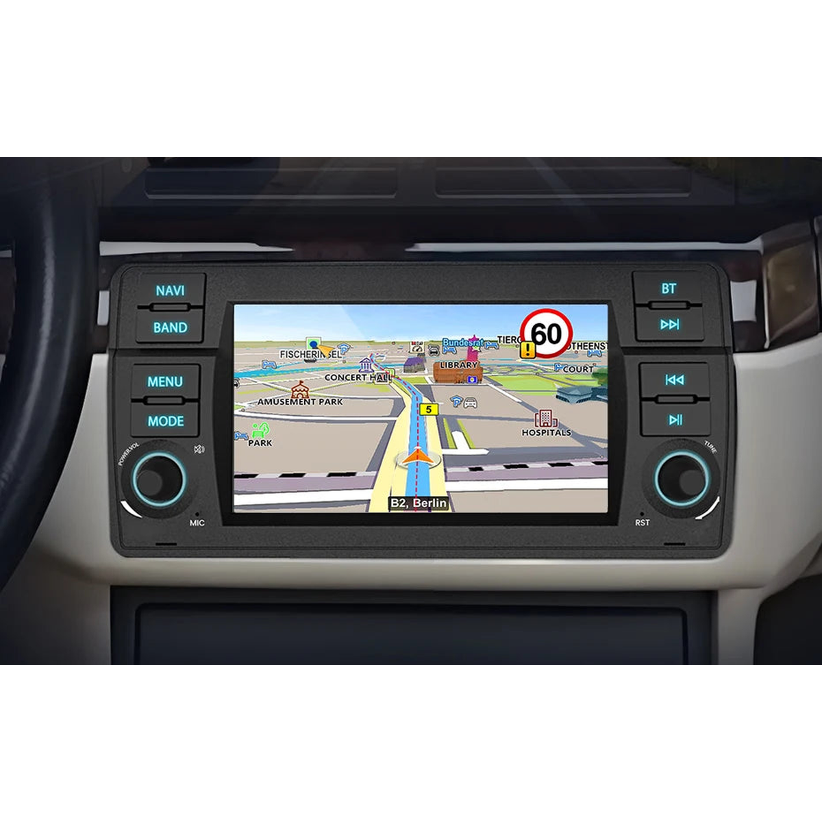 Junsun Android head unit fitted in the dashboard showing GPS navigation, for BMW 3 Series E46