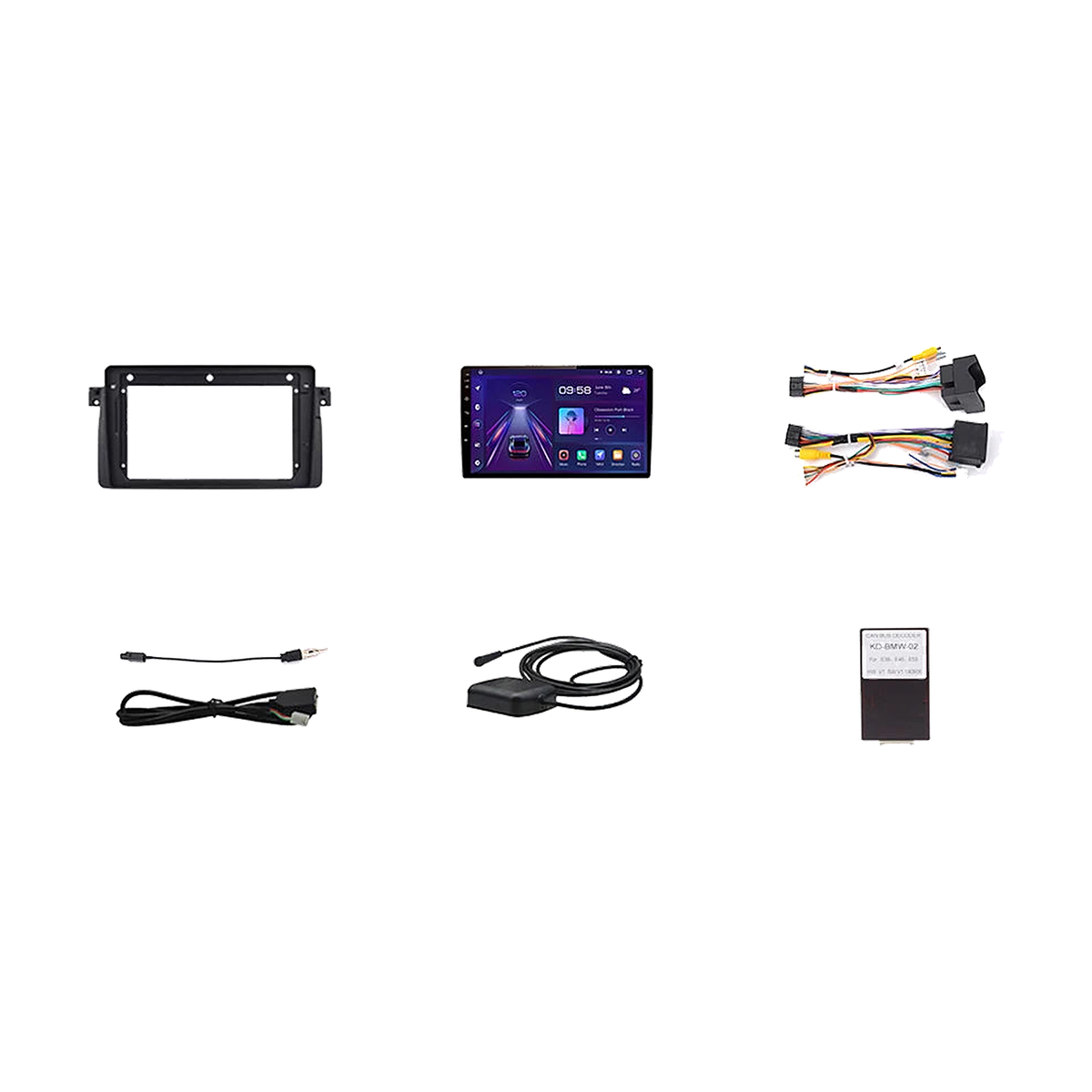 Kit parts: E46 dash frame, 9 inch screen, power harness, USB cable, GPS antenna and CAN bus box, for BMW 3 Series E46