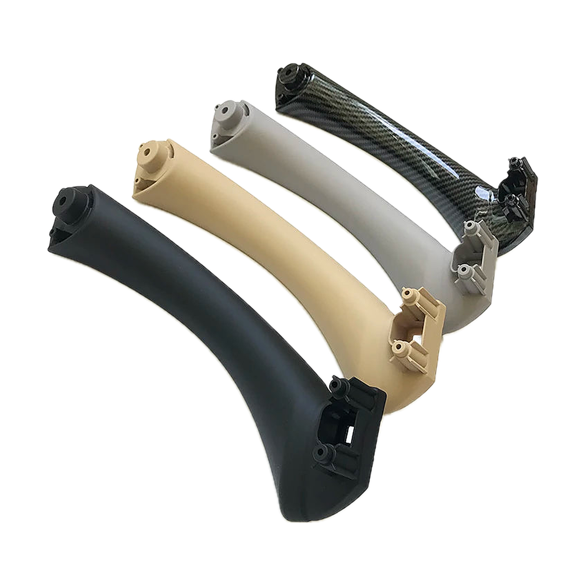 Door pull handles in black, beige, gray and carbon fiber look, angled view, for BMW E90 / E91 / E92