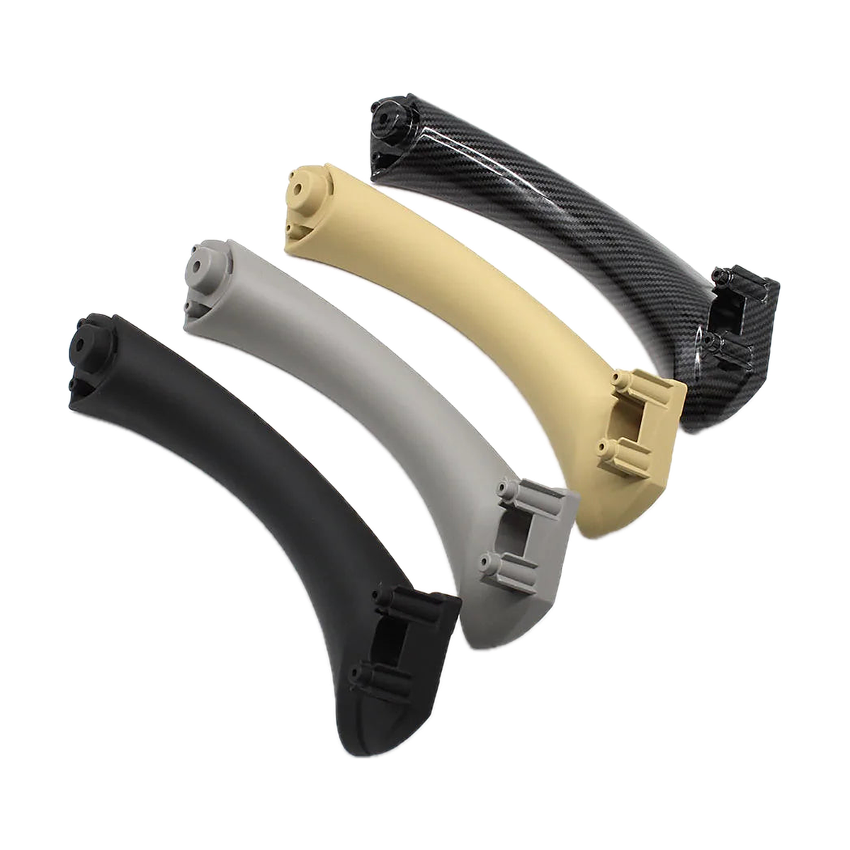 Inner door pull handles in black, gray, beige and carbon fiber look, angled view, for BMW E90 / E91 / E92