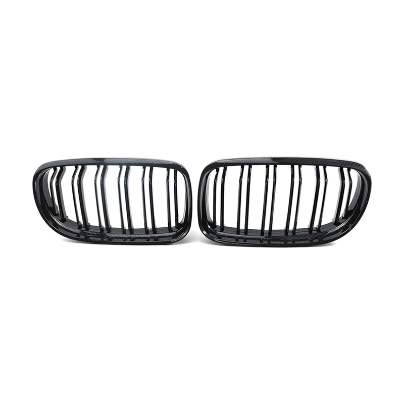 Gloss black double-slat kidney grille pair for BMW E90 / E91 LCI, front view