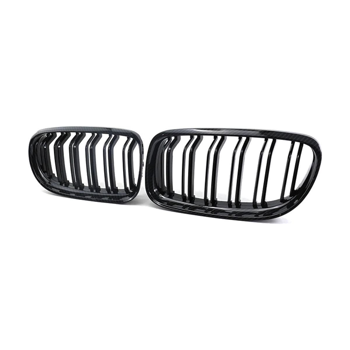 Gloss black kidney grille pair for BMW E90 / E91 LCI, angled view
