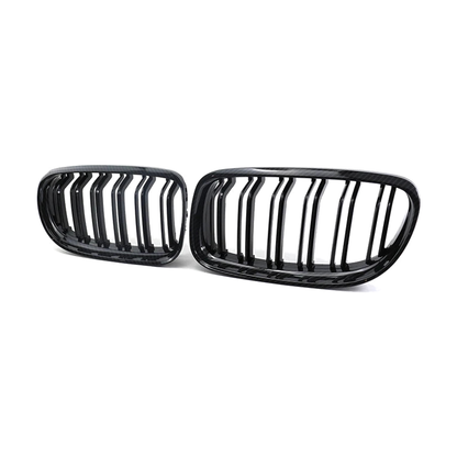 Gloss black kidney grille pair for BMW E90 / E91 LCI, angled view