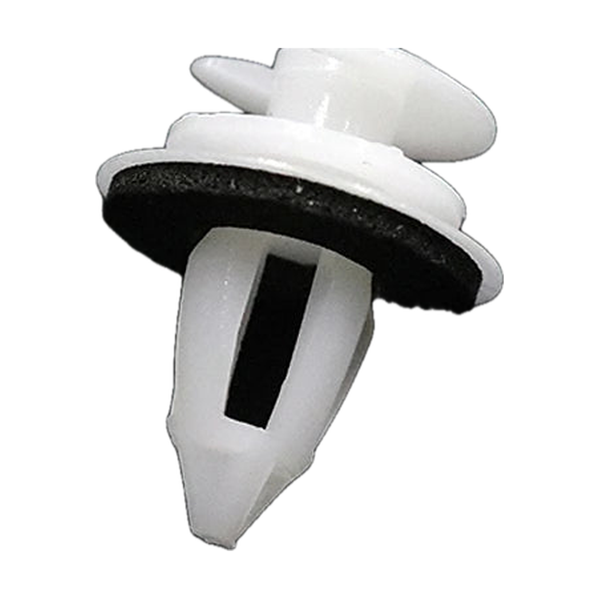 White door panel trim clip with black foam seal, angled view, for BMW E30 / E36 / E46 (1982-2006)