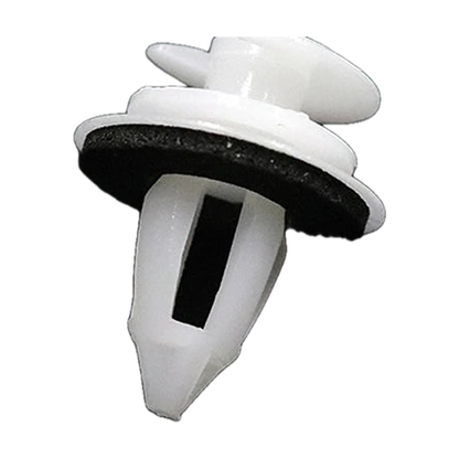White door panel trim clip with black foam seal, angled view, for BMW E30 / E36 / E46 (1982-2006)