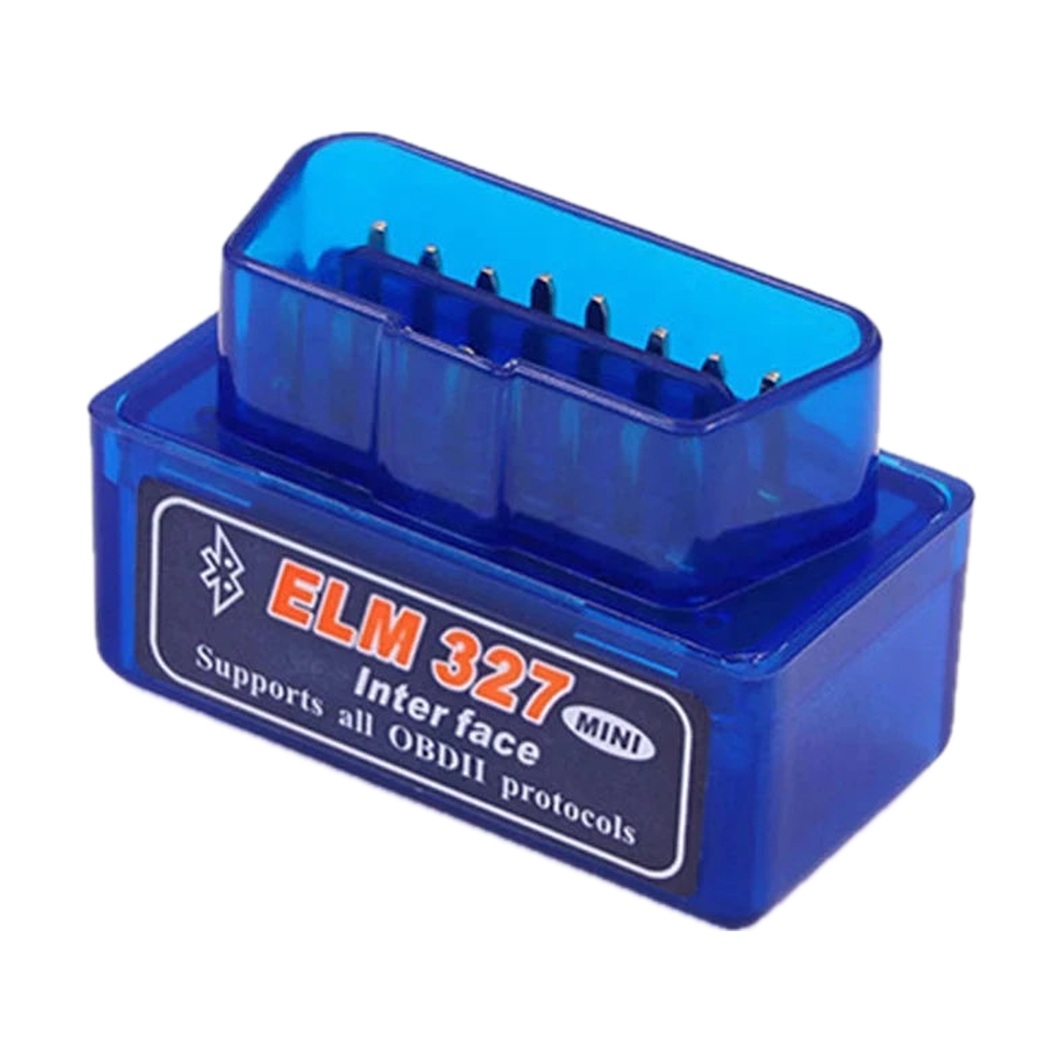 Blue ELM327 V2.1 Bluetooth OBD2 code reader, angled view with label, universal fit for BMW