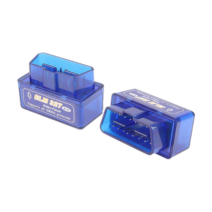 Two blue ELM327 Bluetooth OBD2 readers showing label side and 16 pin connector, universal fit for BMW