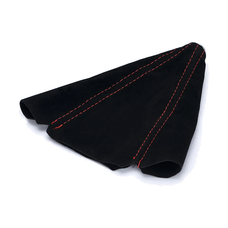 Suede gear shift boot with contrast stitching, angled view, universal fit for BMW