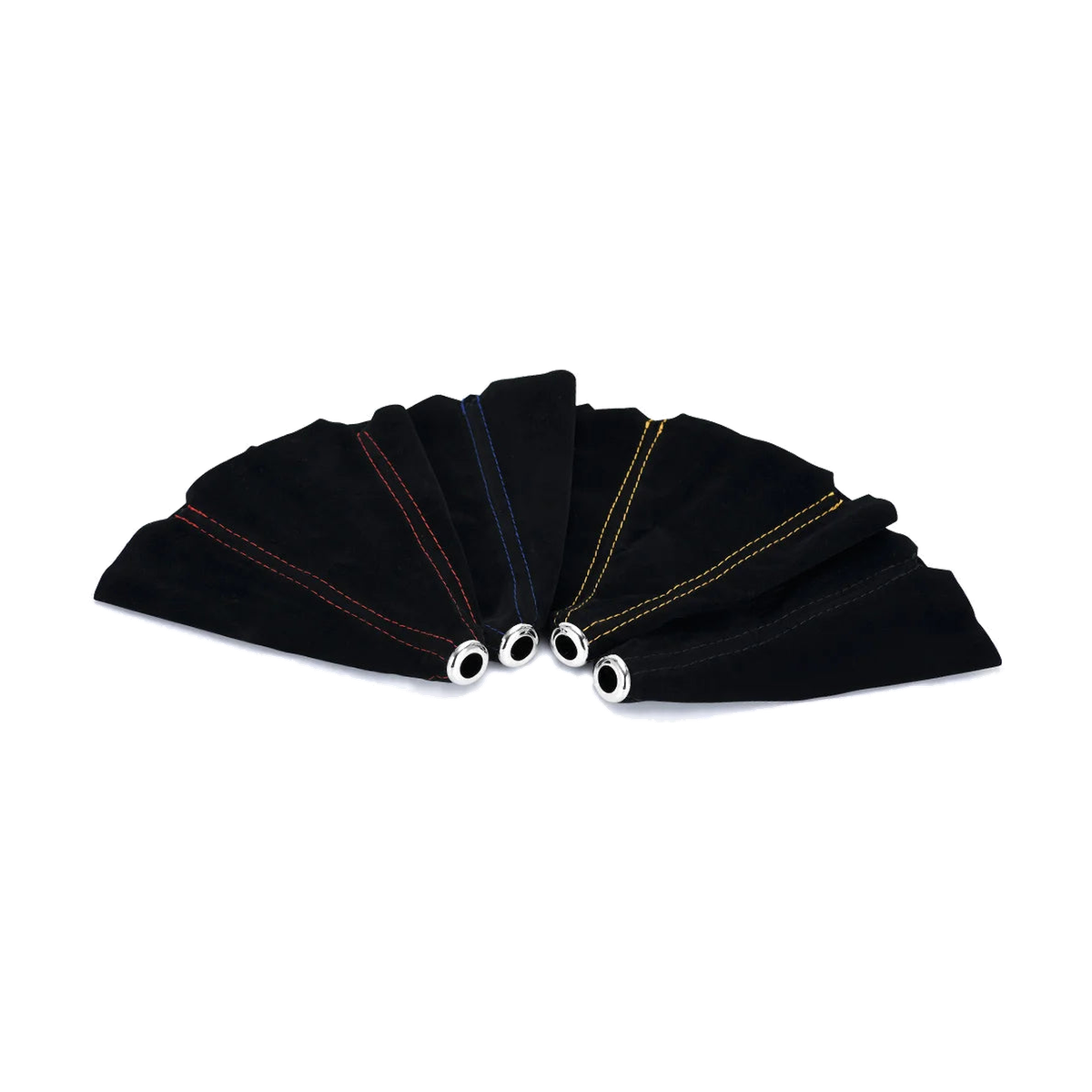 Suede gear shift boots fanned out showing stitching colour options, universal fit for BMW