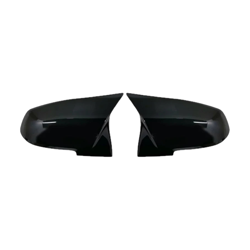 Gloss black mirror cap pair, front view, for BMW F20 / F22 / F30 / F32 and X1 E84