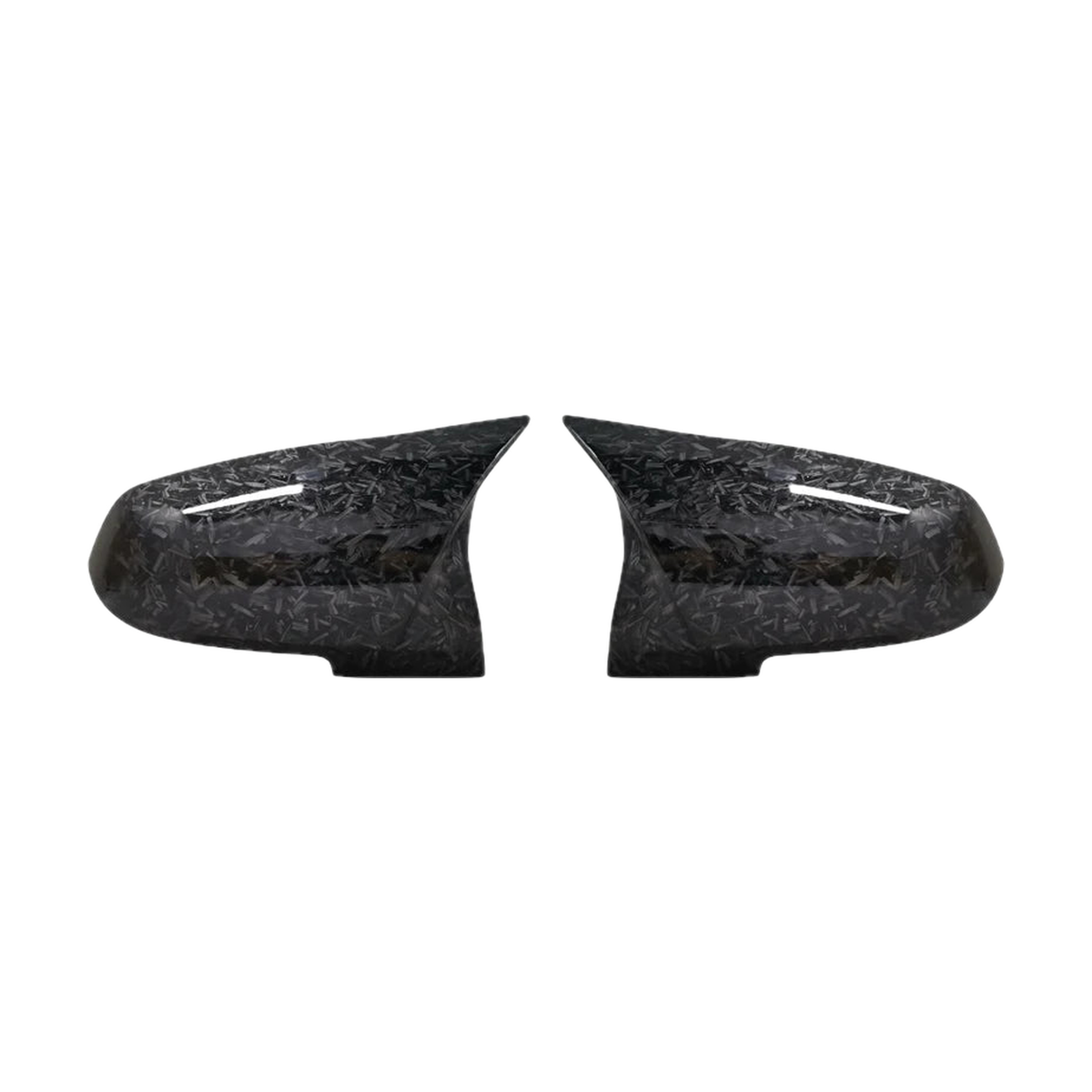 Forged carbon look mirror cap pair, front view, for BMW F20 / F22 / F30 / F32 and X1 E84