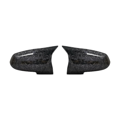 Forged carbon look mirror cap pair, front view, for BMW F20 / F22 / F30 / F32 and X1 E84