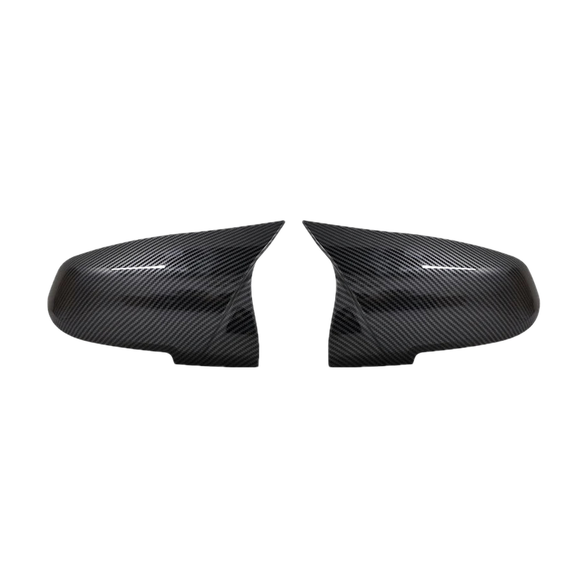 Carbon fiber look mirror cap pair, front view, for BMW F20 / F22 / F30 / F32 and X1 E84