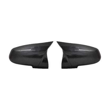 Carbon fiber look mirror cap pair, front view, for BMW F20 / F22 / F30 / F32 and X1 E84