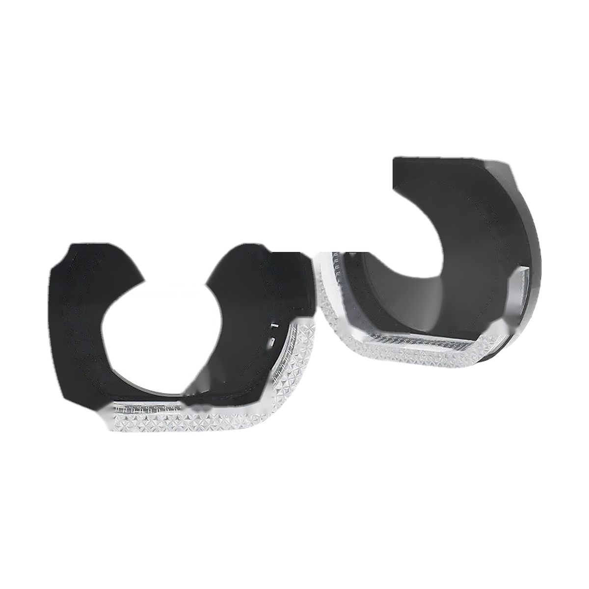 RGB LED angel eye projector shroud pair, L shape, angled view, universal fit for BMW