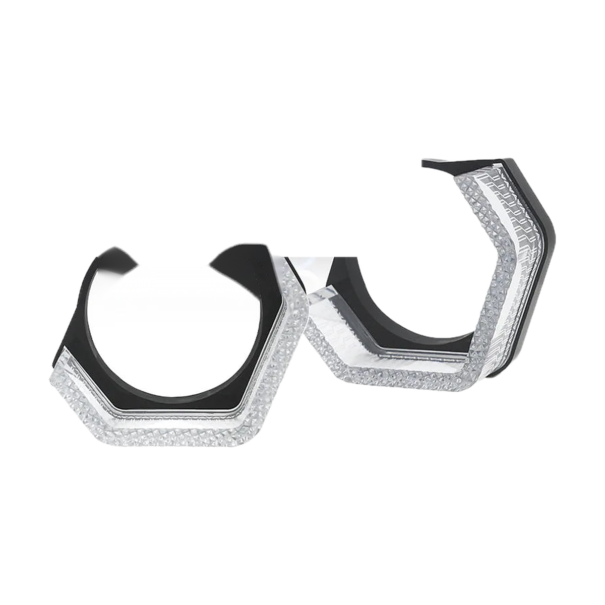 RGB LED angel eye projector shroud pair, V shape, angled view, universal fit for BMW