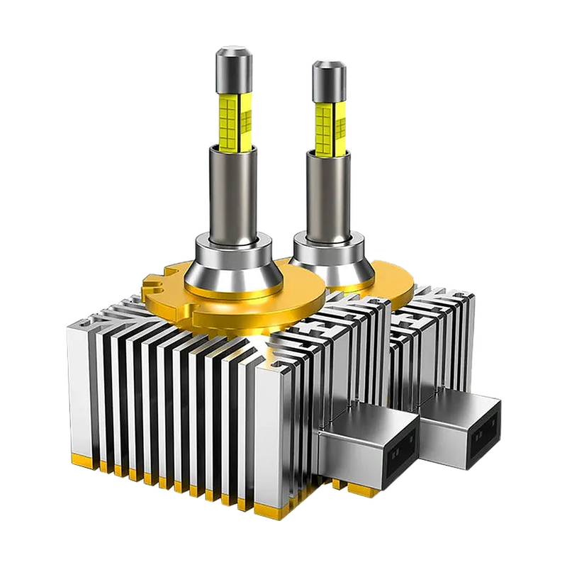 D1S D2S D3S D4S LED xenon replacement bulb pair with heatsink and connector, angled view for BMW
