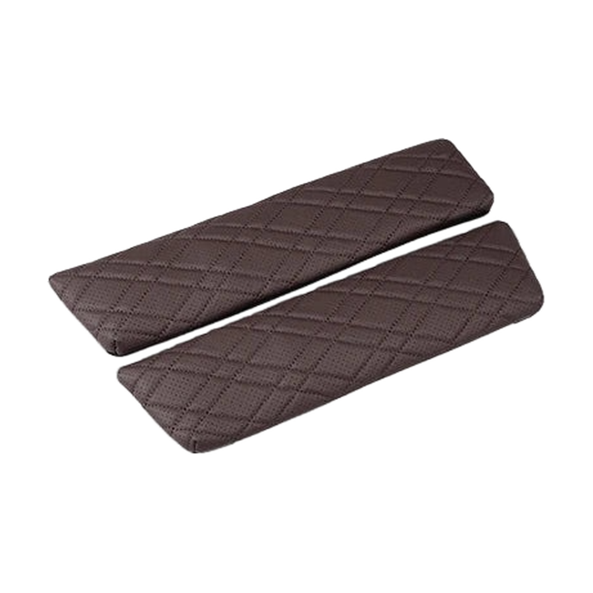 Mocha brown quilted leather armrest cover pads, two piece set lying flat, for BMW 5 Series G30 / G38 and 6 GT G32
