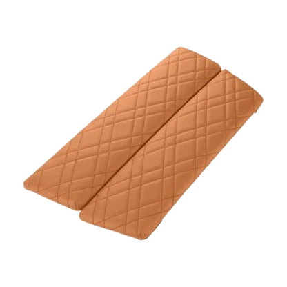 Cognac diamond stitched armrest cover pads, top view of the pair, for BMW 5 Series G30 / G38 and 6 GT G32
