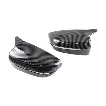 Carbon fiber look mirror caps pair for BMW G20 / G22 / G30 / G11 / G15, angled view