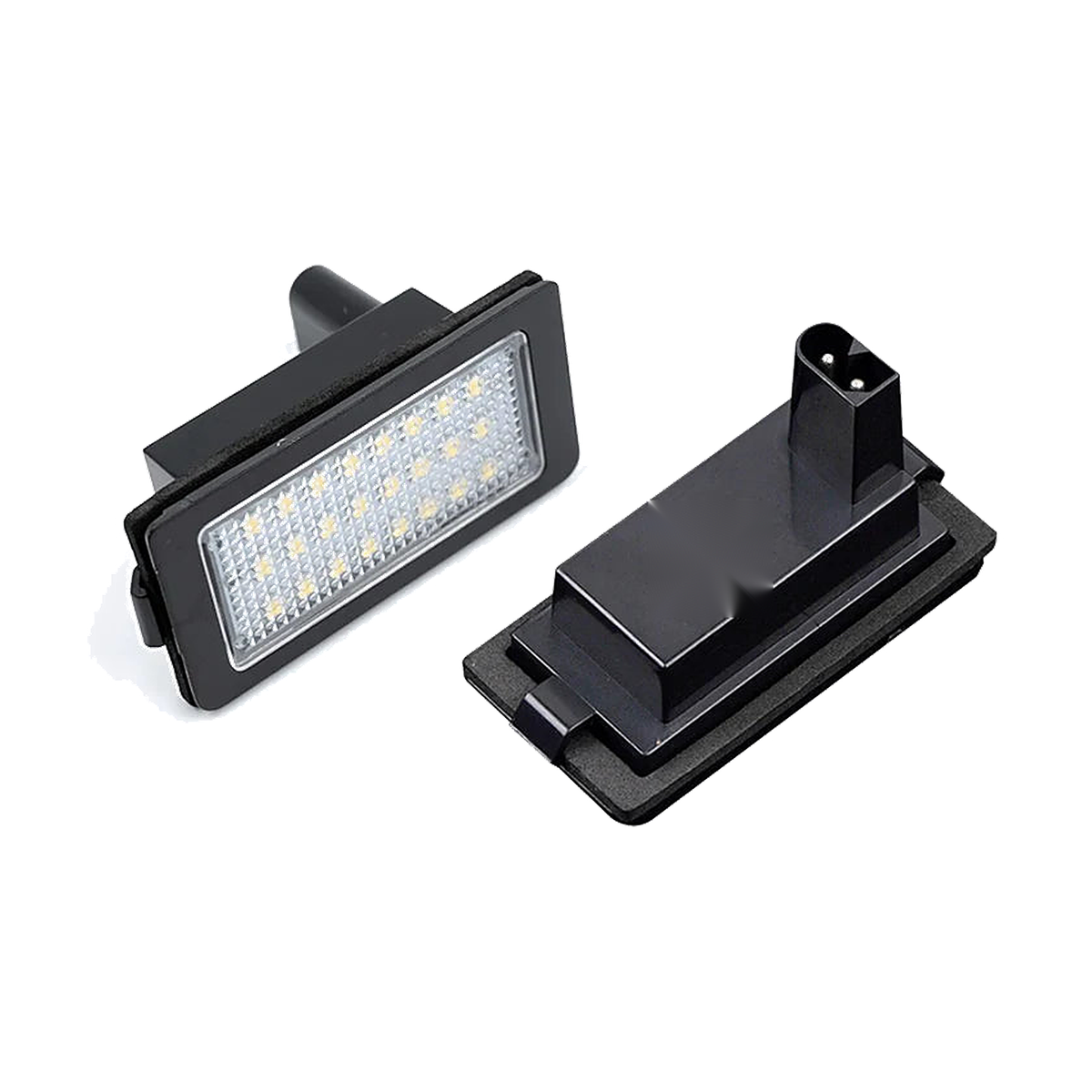 LED license plate light for BMW E38, pair, connector and lens view
