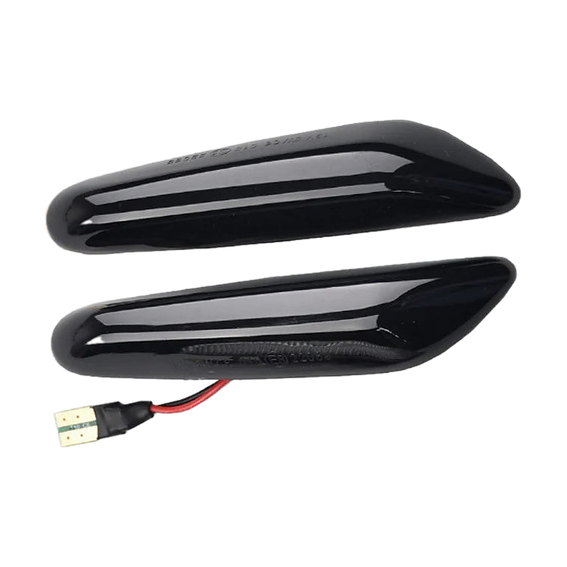 Smoked lens sequential LED side markers pair, angled view, for BMW E90, E60, E46, E82, E84, E83