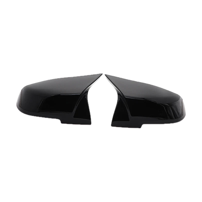 Gloss black M style mirror cover overlay pair, side view, for BMW F20 / F30 / F32 / E84
