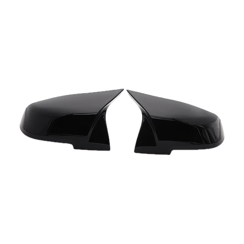 Gloss black M style mirror cover overlay pair, side view, for BMW F20 / F30 / F32 / E84
