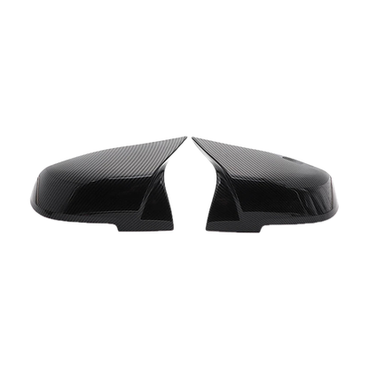 Carbon fiber look M style mirror cover overlay pair, side view, for BMW F20 / F30 / F32 / E84