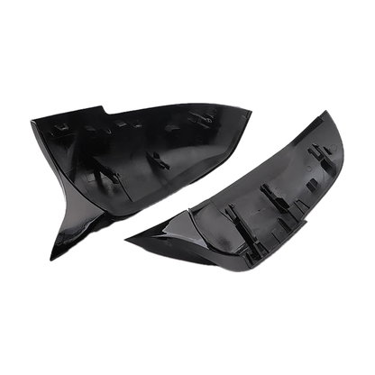 Inner side of gloss black mirror cover overlays with mounting clips, for BMW F20 / F30 / F32 / E84