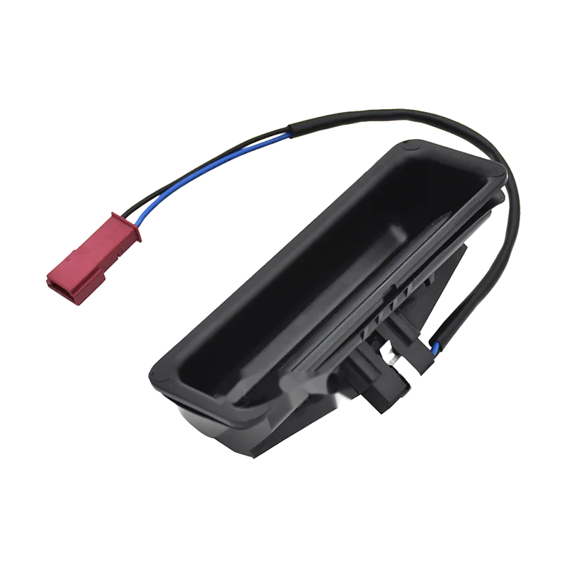 Black trunk lid release switch with wiring connector, angled view, for BMW 5 Series E39 / E60 / E61