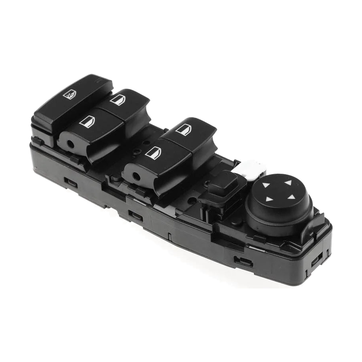 Black master window switch with mirror knob, angled view from the button end, for BMW F20, F30, F31, F10, F11, F45, F48, F25