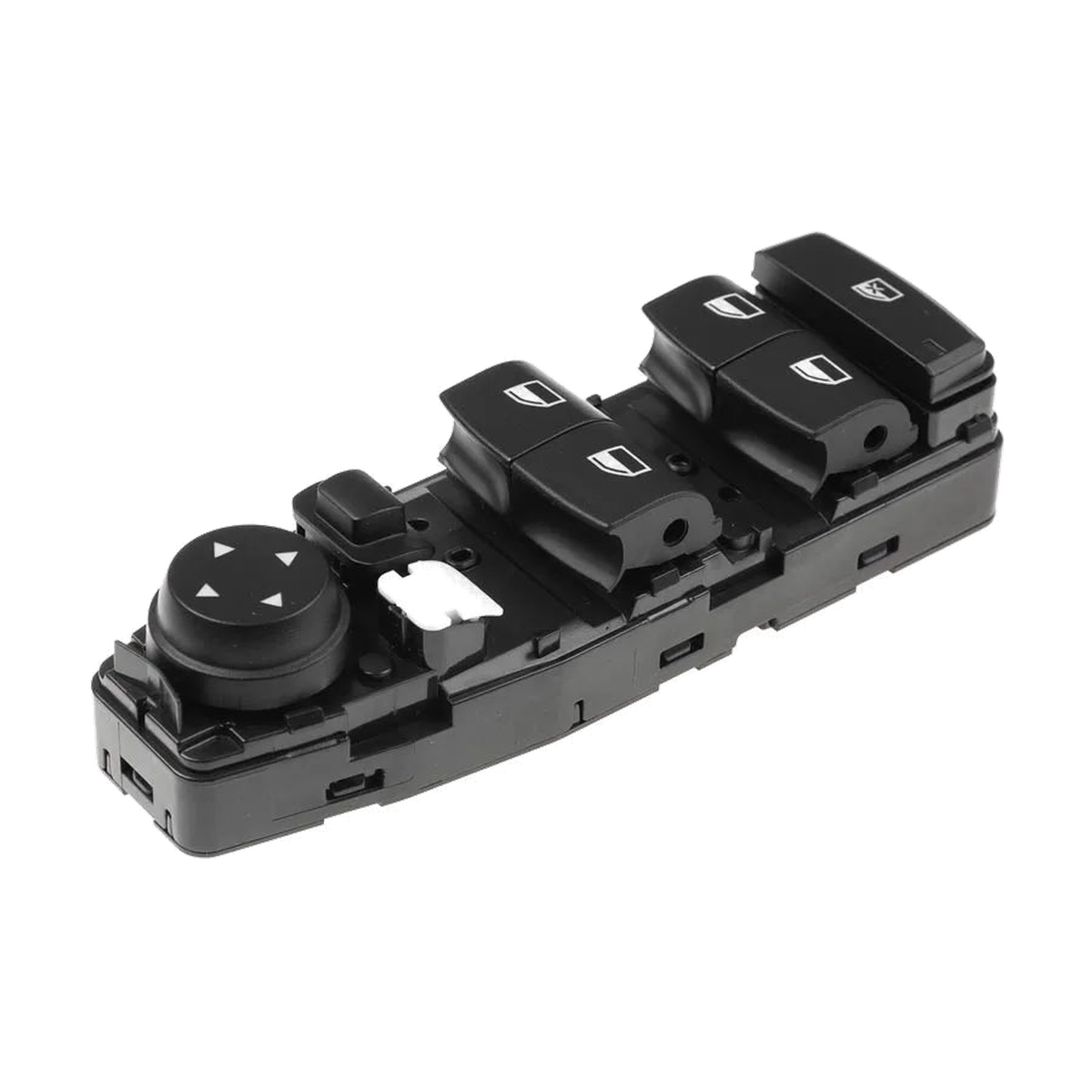 Black master window switch, angled view from the mirror control end, for BMW F20, F30, F31, F10, F11, F45, F48, F25