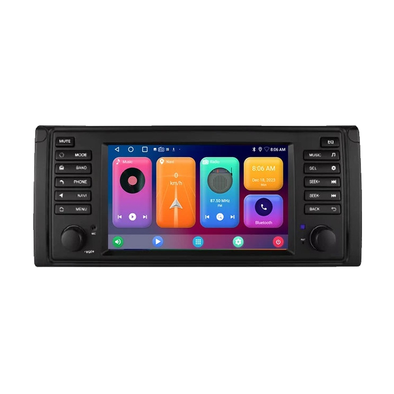 Black 7 inch Android head unit with OEM style buttons and home screen, front view, for BMW E39 / X5 E53