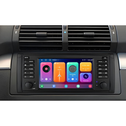 7 inch Android head unit fitted in the dashboard below the center air vents, for BMW E39 / X5 E53