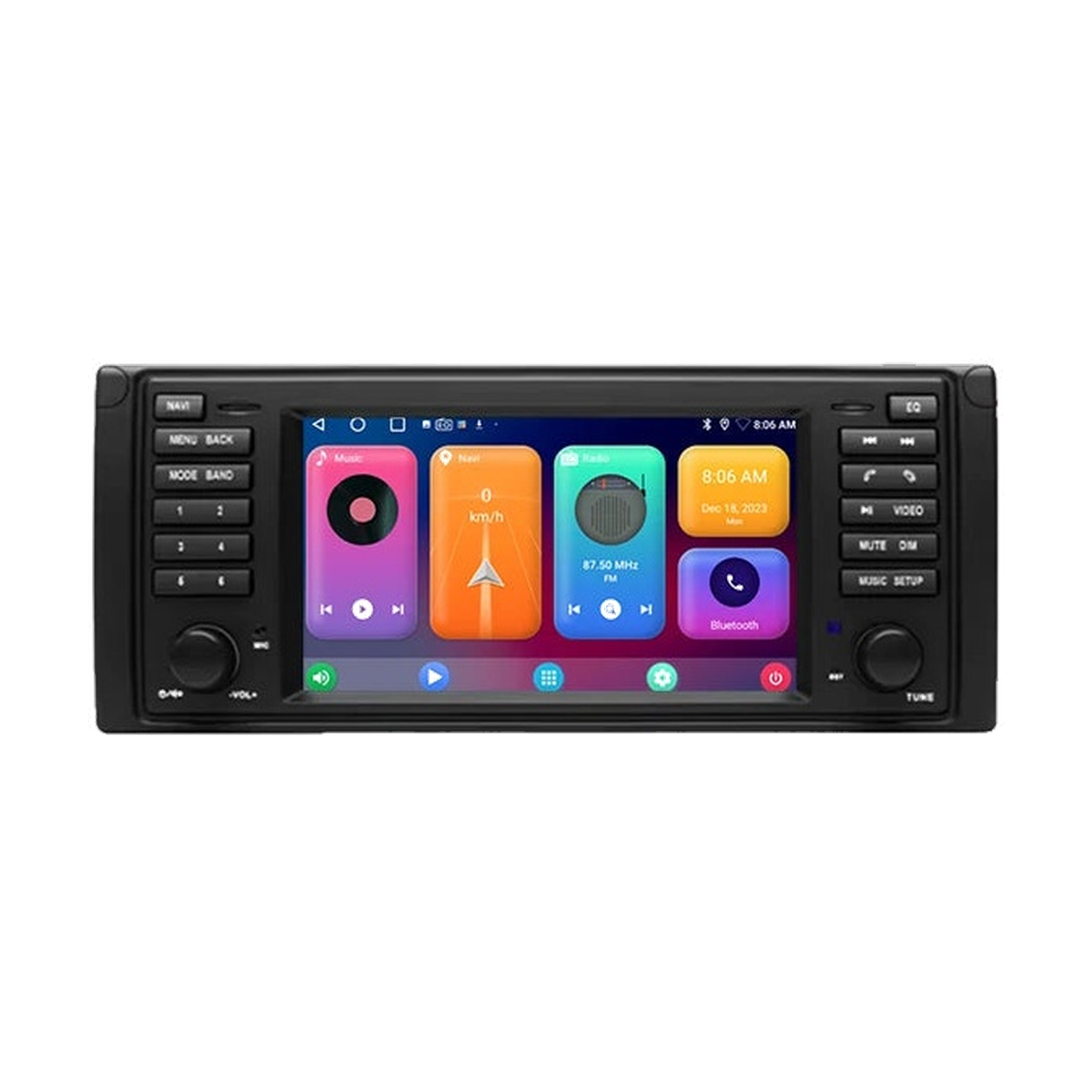 Android head unit, Version A E39 fascia, 4GB/64GB AHD, home screen, front view, for BMW E39 / X5 E53