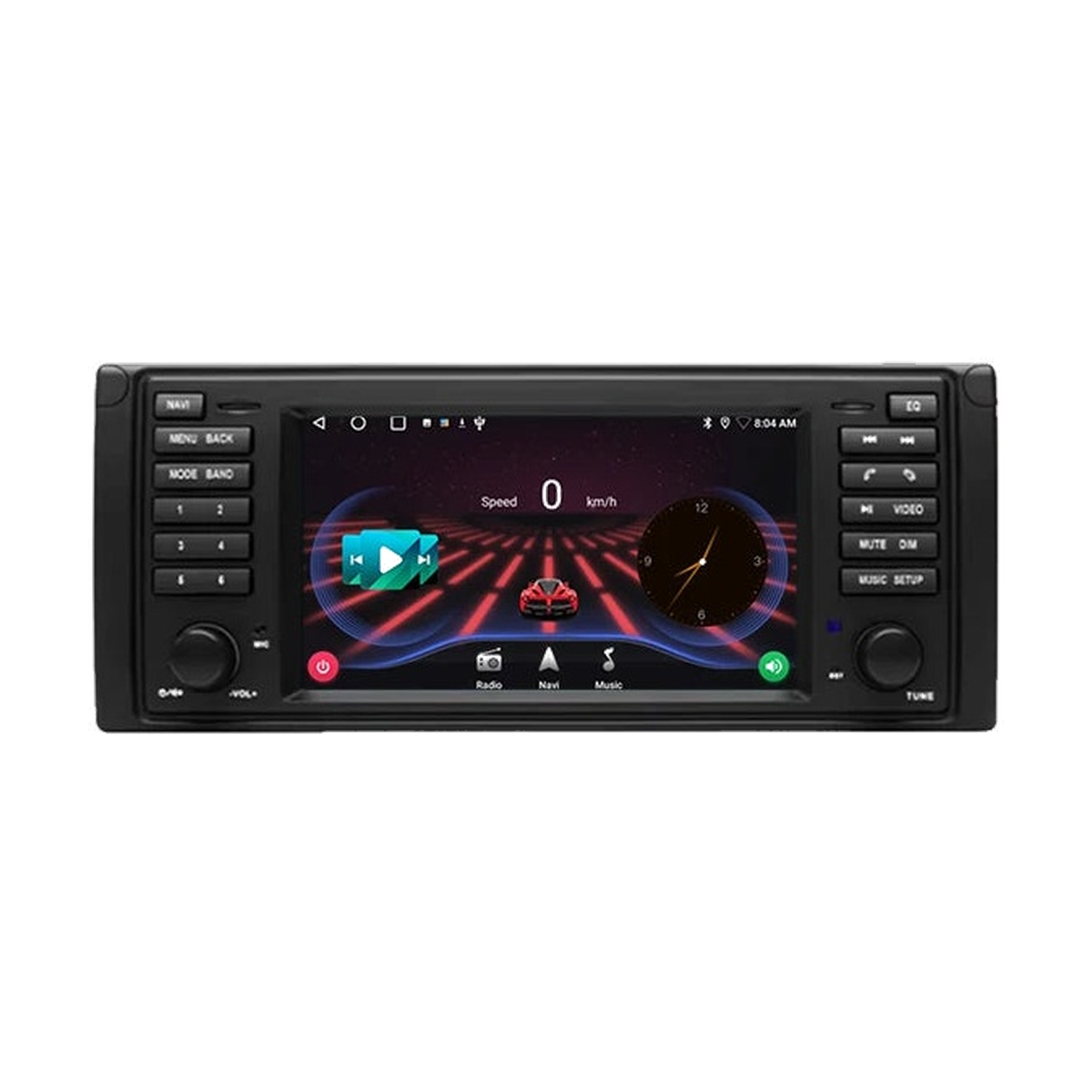Android head unit, Version A E39 fascia, 4GB/64GB DVR, speedometer screen, front view, for BMW E39 / X5 E53