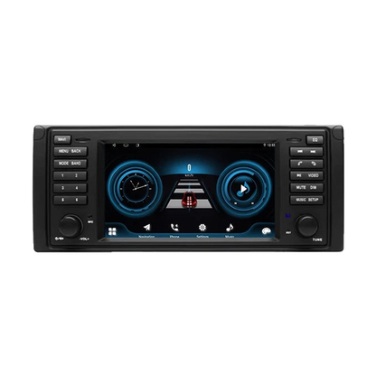 Android head unit, Version A E39 fascia, 6GB/128GB AHD, digital gauge screen, front view, for BMW E39 / X5 E53