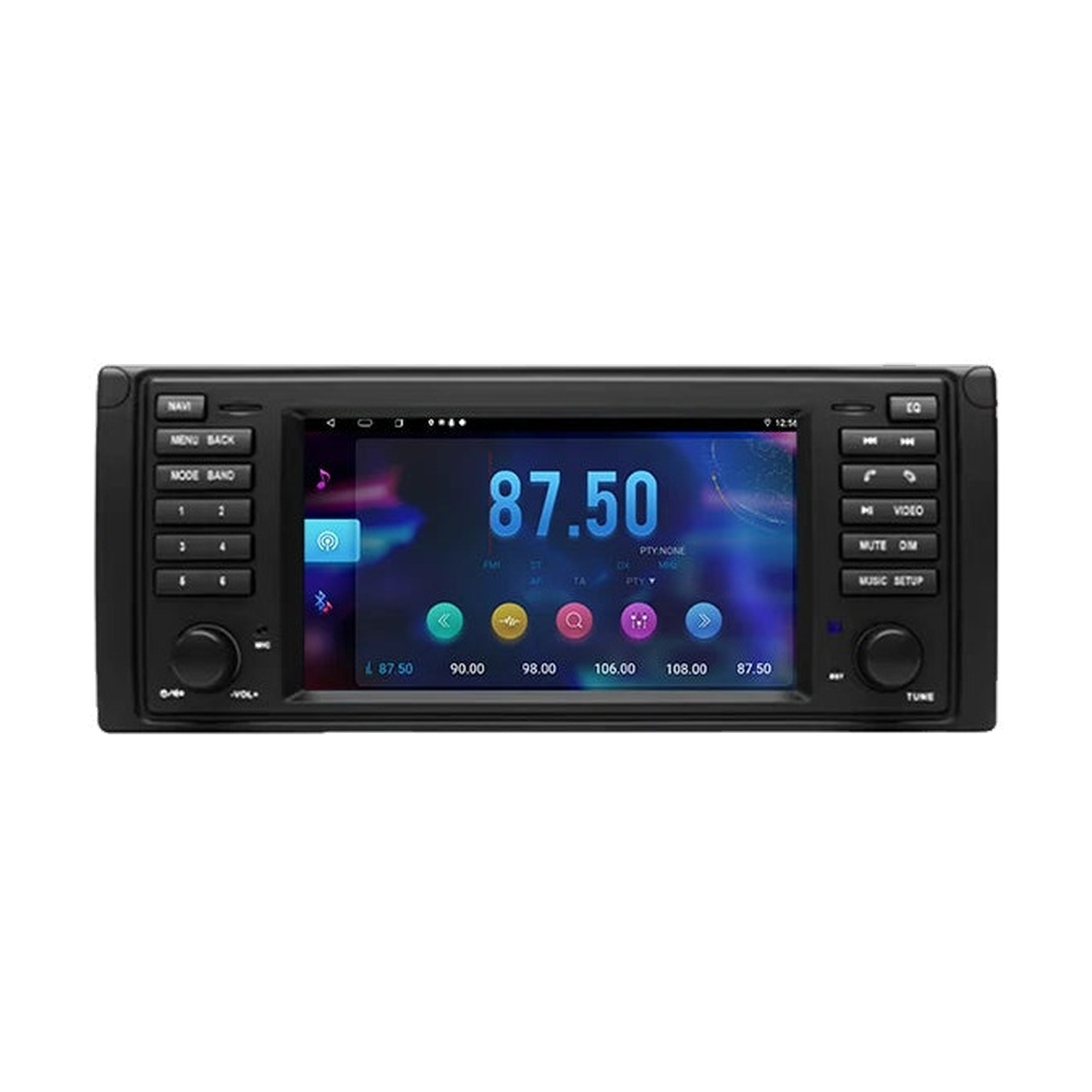 Android head unit, Version A E39 fascia, 6GB/128GB DVR, FM radio screen, front view, for BMW E39 / X5 E53