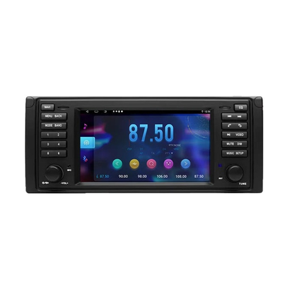Android head unit, Version A E39 fascia, 6GB/128GB DVR, FM radio screen, front view, for BMW E39 / X5 E53